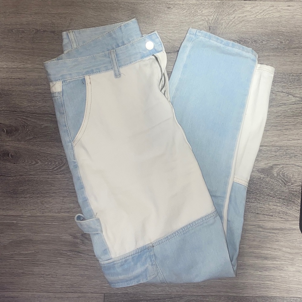 Shein, small, blue and white patch wide leg jeans